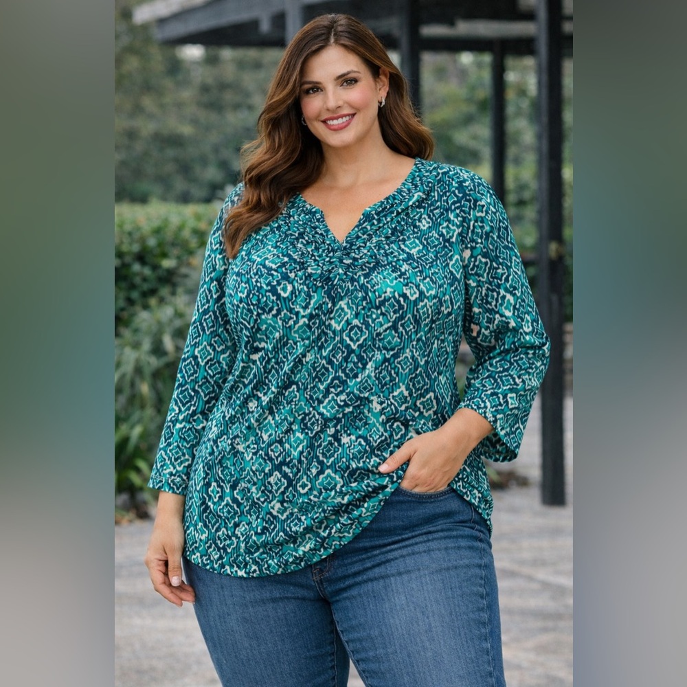 White Stag Teal Geometric Print Blouse 2X Boho Flowy 3/4 Sleeve Top